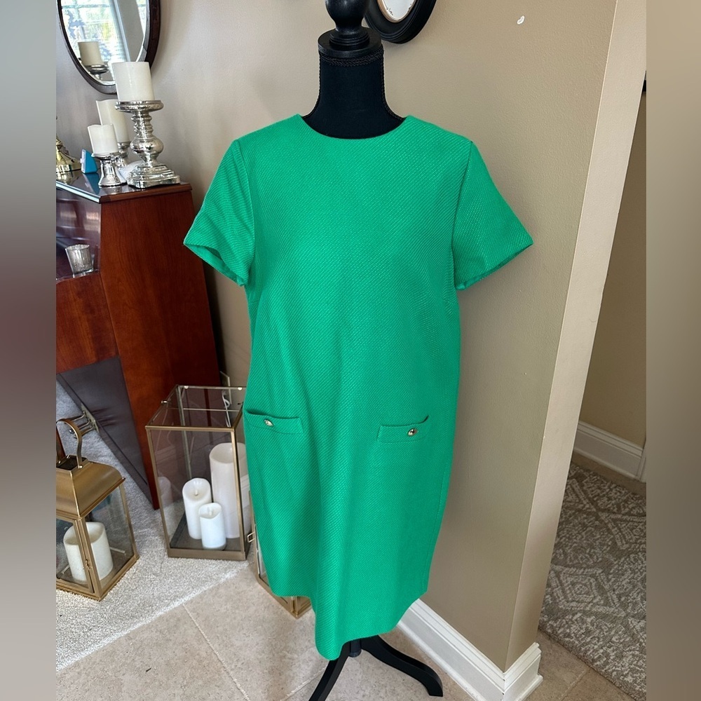 Ann Taylor Tweed Pocket Shift Green Short Sleeve Dress